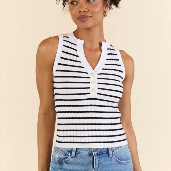 Pink Lily Tops - Ivory and Black Ribbed Sleeveless Henley Tank Top